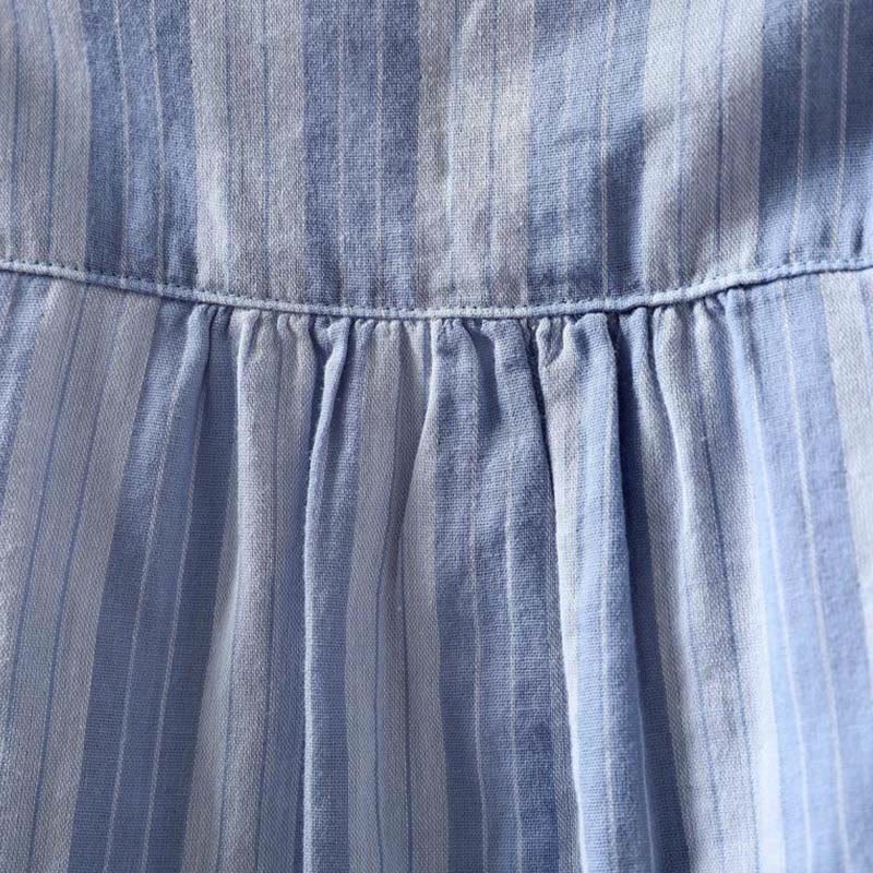 Nimara Ritual Fall Vertical Stripes Button Down Stand Collar Long Sleeve Women's Cotton Shirt