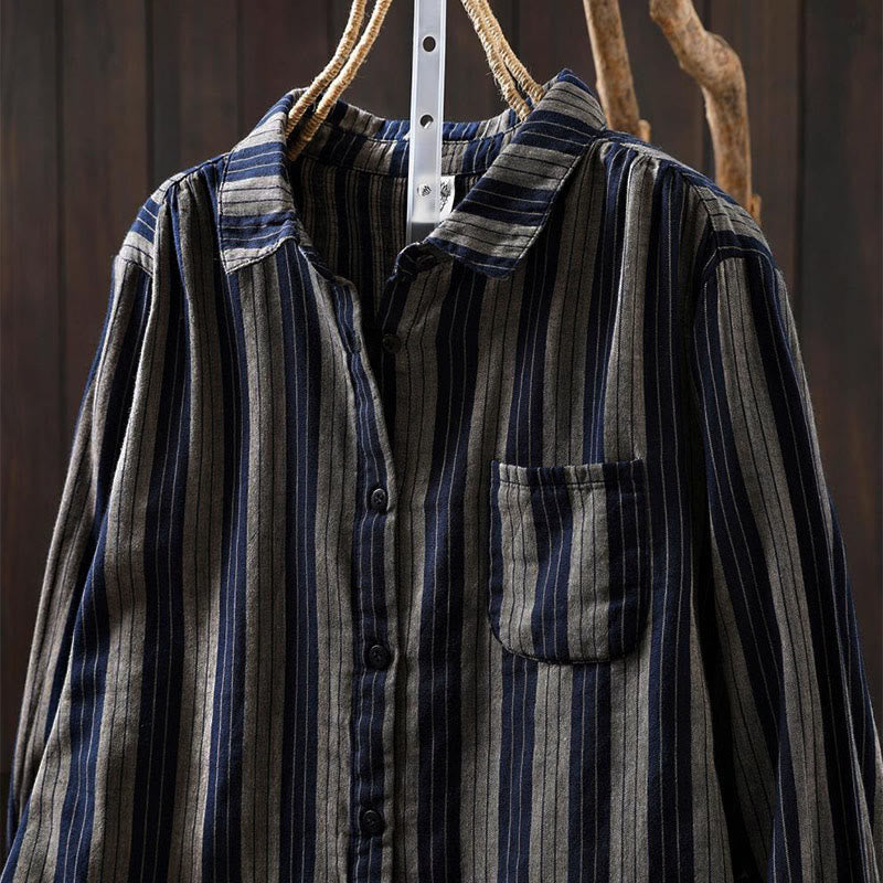 Nimara Ritual Fall Vertical Stripes Button Down Stand Collar Long Sleeve Women's Cotton Shirt