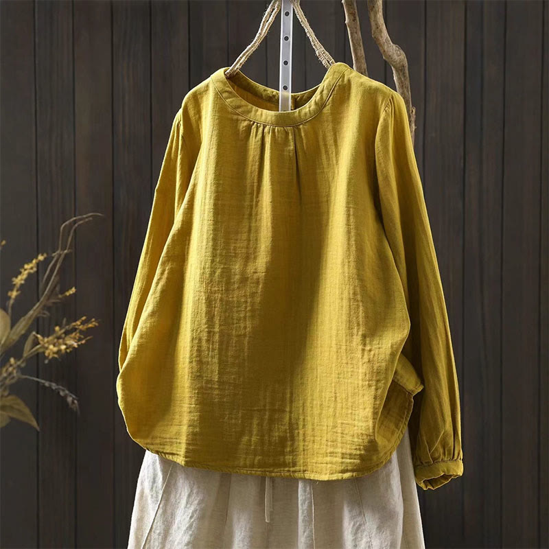 Nimara Ritual Fall Crew Neck Back Button Down Design Long Sleeve Women's Cotton Shirt