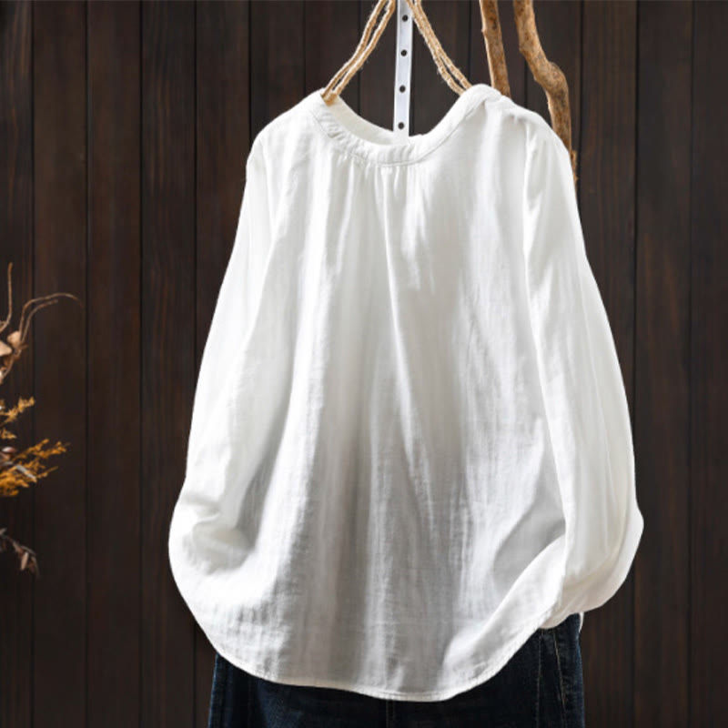 Nimara Ritual Fall Crew Neck Back Button Down Design Long Sleeve Women's Cotton Shirt