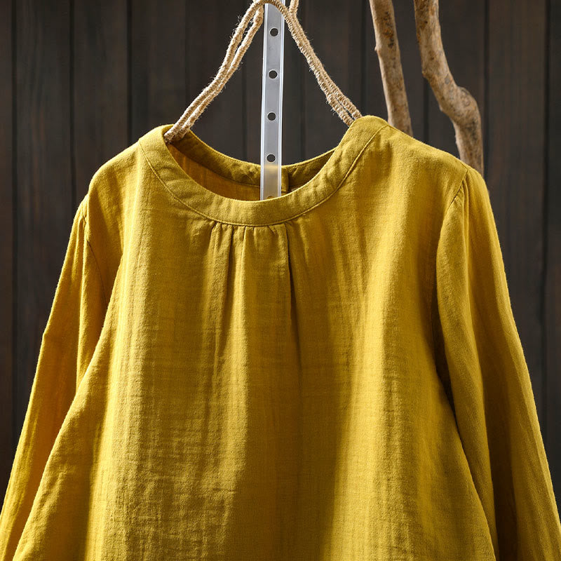 Nimara Ritual Fall Crew Neck Back Button Down Design Long Sleeve Women's Cotton Shirt