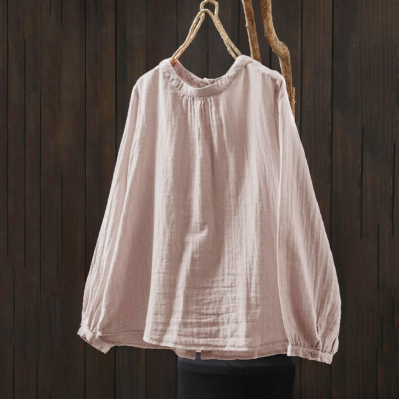 Nimara Ritual Fall Crew Neck Back Button Down Design Long Sleeve Women's Cotton Shirt
