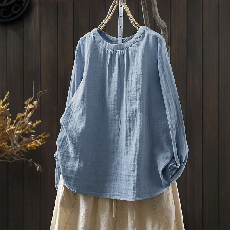 Nimara Ritual Fall Crew Neck Back Button Down Design Long Sleeve Women's Cotton Shirt