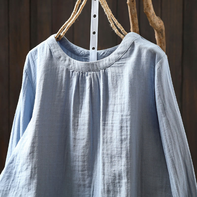Nimara Ritual Fall Crew Neck Back Button Down Design Long Sleeve Women's Cotton Shirt