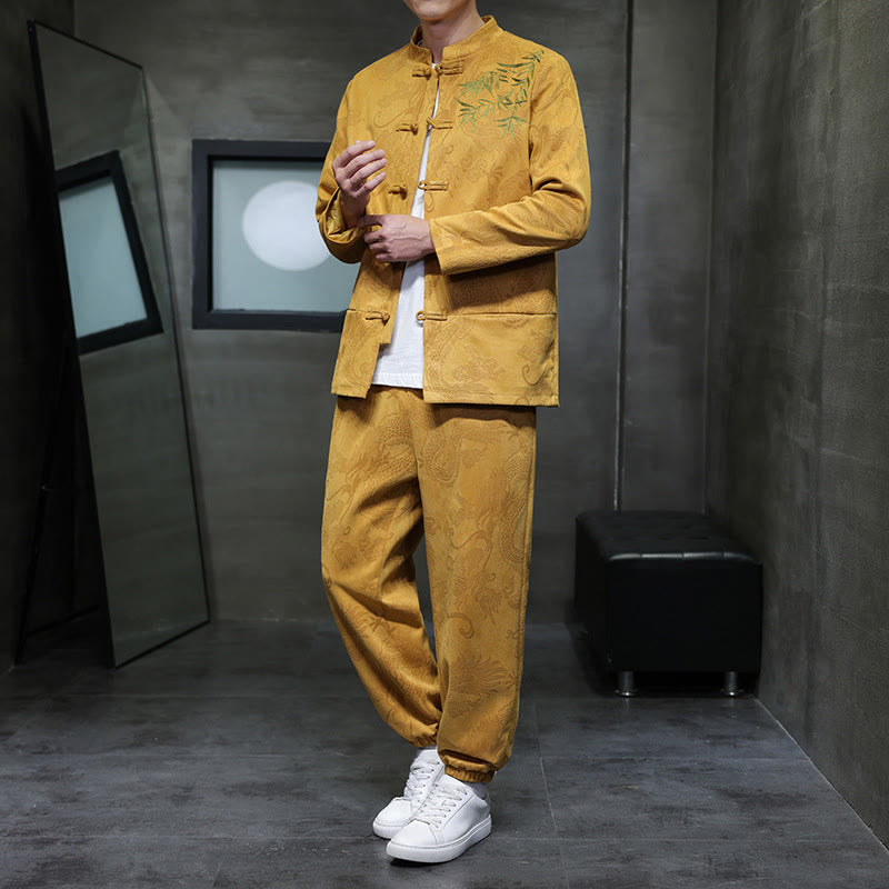 Nimara Ritual 2Pcs Spring Dragon Bamboo Clouds Men's Tang Suit Frog-Button Cotton Long Sleeve Jacket Pants Set With Pockets