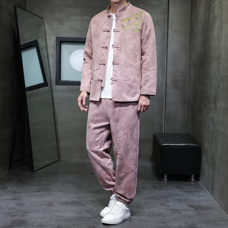 Nimara Ritual 2Pcs Spring Dragon Bamboo Clouds Men's Tang Suit Frog-Button Cotton Long Sleeve Jacket Pants Set With Pockets