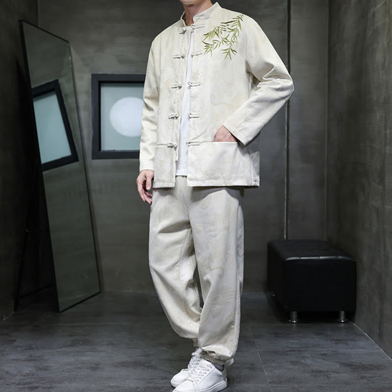 Nimara Ritual 2Pcs Spring Dragon Bamboo Clouds Men's Tang Suit Frog-Button Cotton Long Sleeve Jacket Pants Set With Pockets