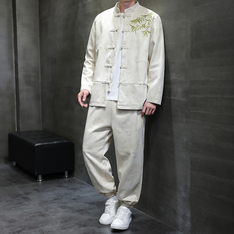 Nimara Ritual 2Pcs Spring Dragon Bamboo Clouds Men's Tang Suit Frog-Button Cotton Long Sleeve Jacket Pants Set With Pockets