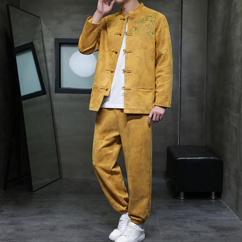 Nimara Ritual 2Pcs Spring Dragon Bamboo Clouds Men's Tang Suit Frog-Button Cotton Long Sleeve Jacket Pants Set With Pockets