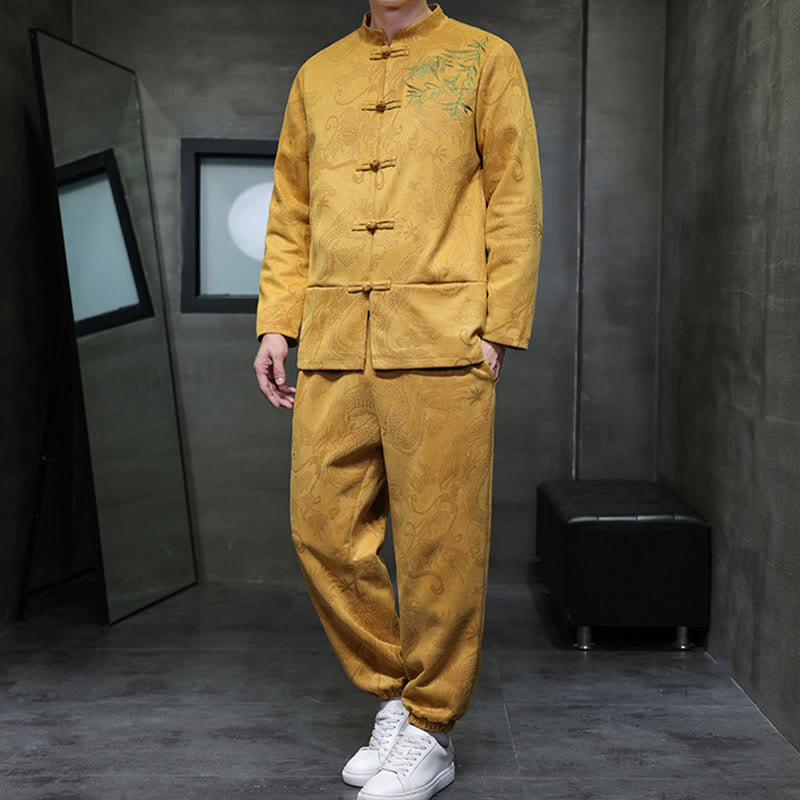 Nimara Ritual 2Pcs Spring Dragon Bamboo Clouds Men's Tang Suit Frog-Button Cotton Long Sleeve Jacket Pants Set With Pockets