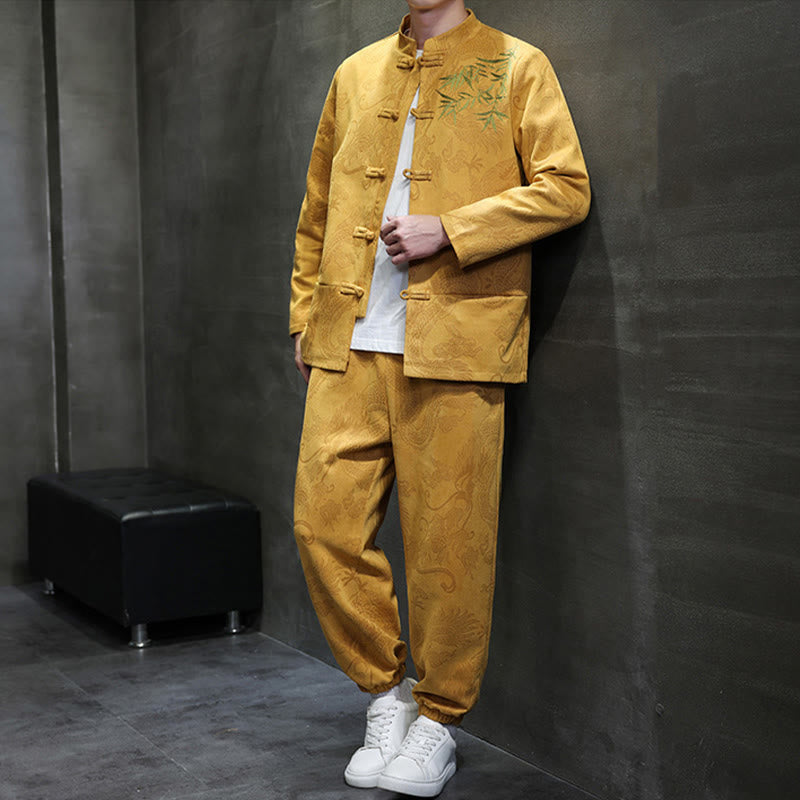 Nimara Ritual 2Pcs Spring Dragon Bamboo Clouds Men's Tang Suit Frog-Button Cotton Long Sleeve Jacket Pants Set With Pockets