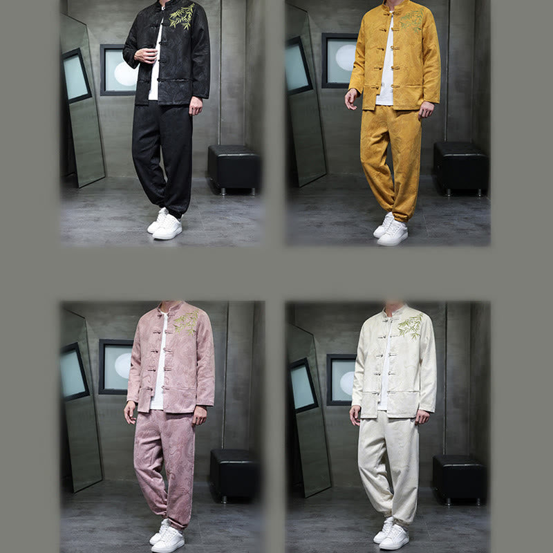Nimara Ritual 2Pcs Spring Dragon Bamboo Clouds Men's Tang Suit Frog-Button Cotton Long Sleeve Jacket Pants Set With Pockets