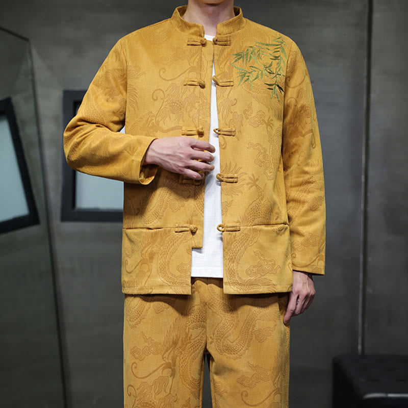 Nimara Ritual 2Pcs Spring Dragon Bamboo Clouds Men's Tang Suit Frog-Button Cotton Long Sleeve Jacket Pants Set With Pockets