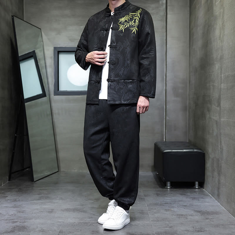 Nimara Ritual 2Pcs Spring Dragon Bamboo Clouds Men's Tang Suit Frog-Button Cotton Long Sleeve Jacket Pants Set With Pockets