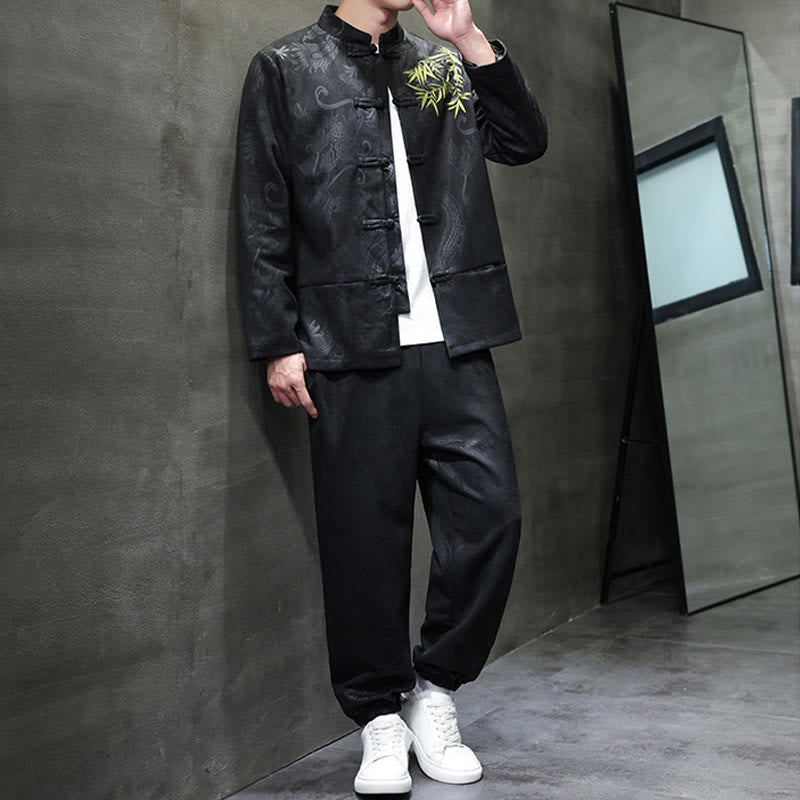 Nimara Ritual 2Pcs Spring Dragon Bamboo Clouds Men's Tang Suit Frog-Button Cotton Long Sleeve Jacket Pants Set With Pockets