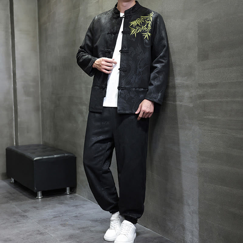 Nimara Ritual 2Pcs Spring Dragon Bamboo Clouds Men's Tang Suit Frog-Button Cotton Long Sleeve Jacket Pants Set With Pockets