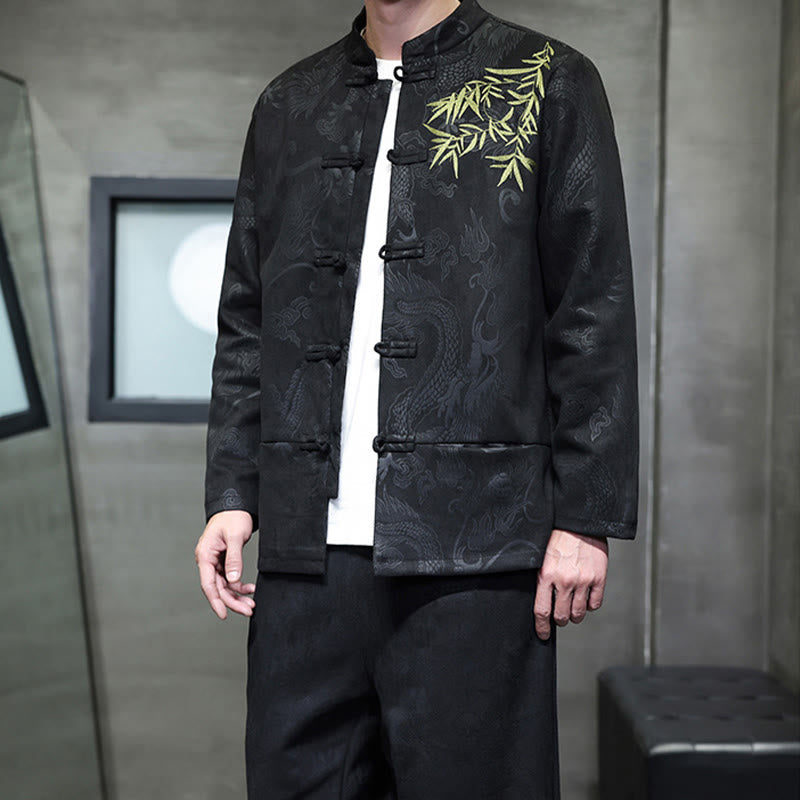 Nimara Ritual 2Pcs Spring Dragon Bamboo Clouds Men's Tang Suit Frog-Button Cotton Long Sleeve Jacket Pants Set With Pockets