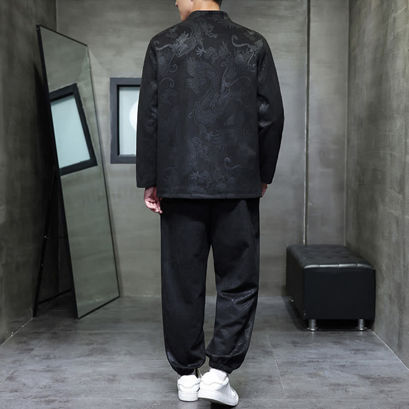 Nimara Ritual 2Pcs Spring Dragon Bamboo Clouds Men's Tang Suit Frog-Button Cotton Long Sleeve Jacket Pants Set With Pockets
