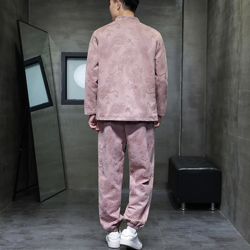 Nimara Ritual 2Pcs Spring Dragon Bamboo Clouds Men's Tang Suit Frog-Button Cotton Long Sleeve Jacket Pants Set With Pockets