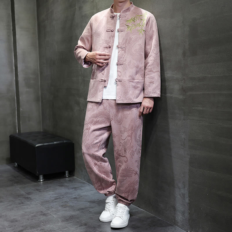 Nimara Ritual 2Pcs Spring Dragon Bamboo Clouds Men's Tang Suit Frog-Button Cotton Long Sleeve Jacket Pants Set With Pockets