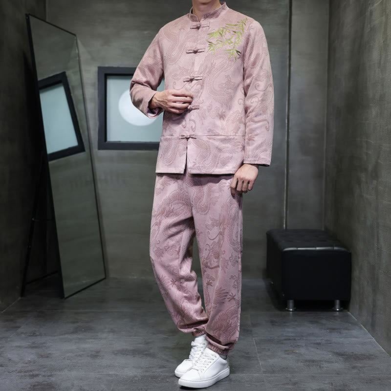 Nimara Ritual 2Pcs Spring Dragon Bamboo Clouds Men's Tang Suit Frog-Button Cotton Long Sleeve Jacket Pants Set With Pockets