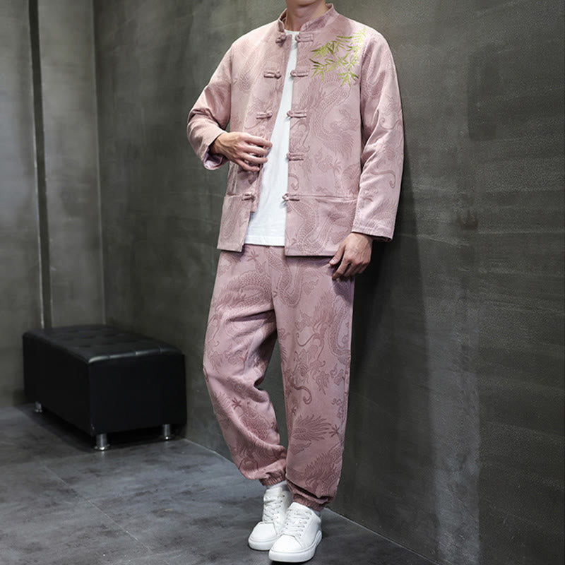 Nimara Ritual 2Pcs Spring Dragon Bamboo Clouds Men's Tang Suit Frog-Button Cotton Long Sleeve Jacket Pants Set With Pockets