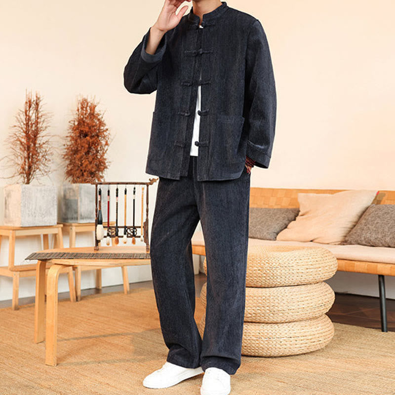 Nimara Ritual 2Pcs Winter Thick Men's Tang Suit Frog-Button Cotton Corduroy Long Sleeve Jacket Pants Set With Pockets