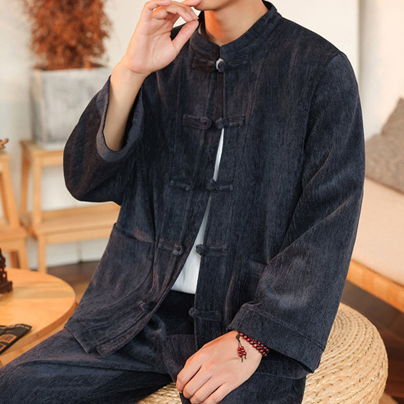 Nimara Ritual 2Pcs Winter Thick Men's Tang Suit Frog-Button Cotton Corduroy Long Sleeve Jacket Pants Set With Pockets