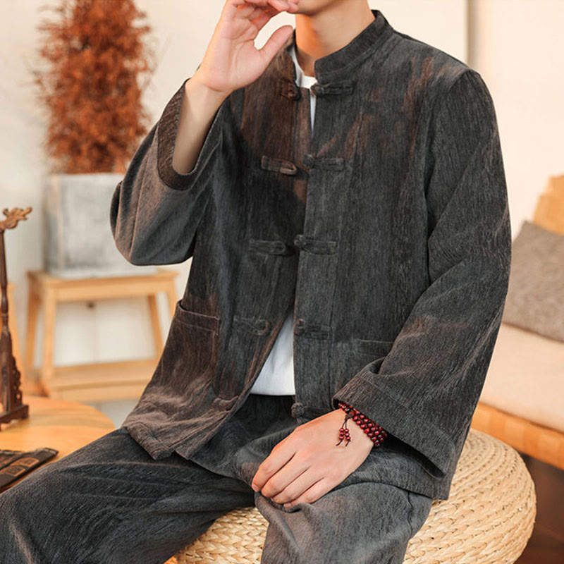Nimara Ritual 2Pcs Winter Thick Men's Tang Suit Frog-Button Cotton Corduroy Long Sleeve Jacket Pants Set With Pockets