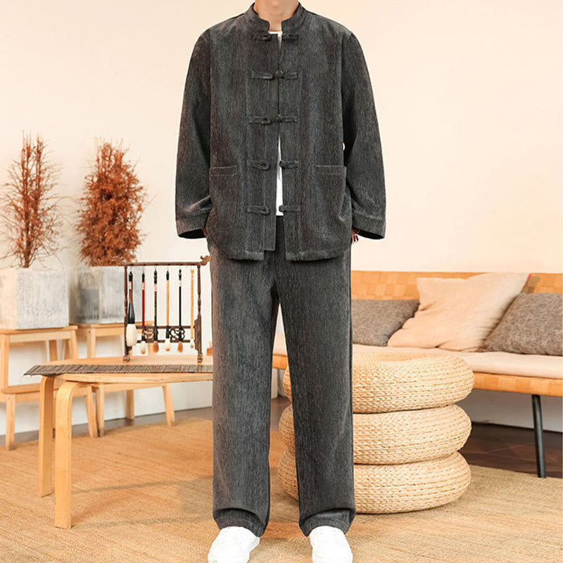 Nimara Ritual 2Pcs Winter Thick Men's Tang Suit Frog-Button Cotton Corduroy Long Sleeve Jacket Pants Set With Pockets