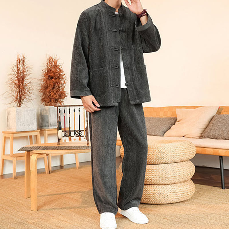 Nimara Ritual 2Pcs Winter Thick Men's Tang Suit Frog-Button Cotton Corduroy Long Sleeve Jacket Pants Set With Pockets