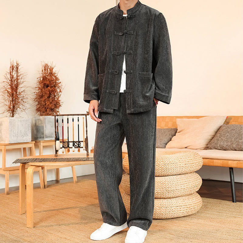 Nimara Ritual 2Pcs Winter Thick Men's Tang Suit Frog-Button Cotton Corduroy Long Sleeve Jacket Pants Set With Pockets