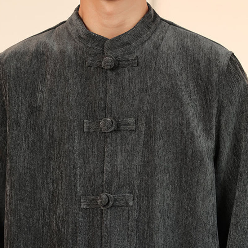 Nimara Ritual 2Pcs Winter Thick Men's Tang Suit Frog-Button Cotton Corduroy Long Sleeve Jacket Pants Set With Pockets