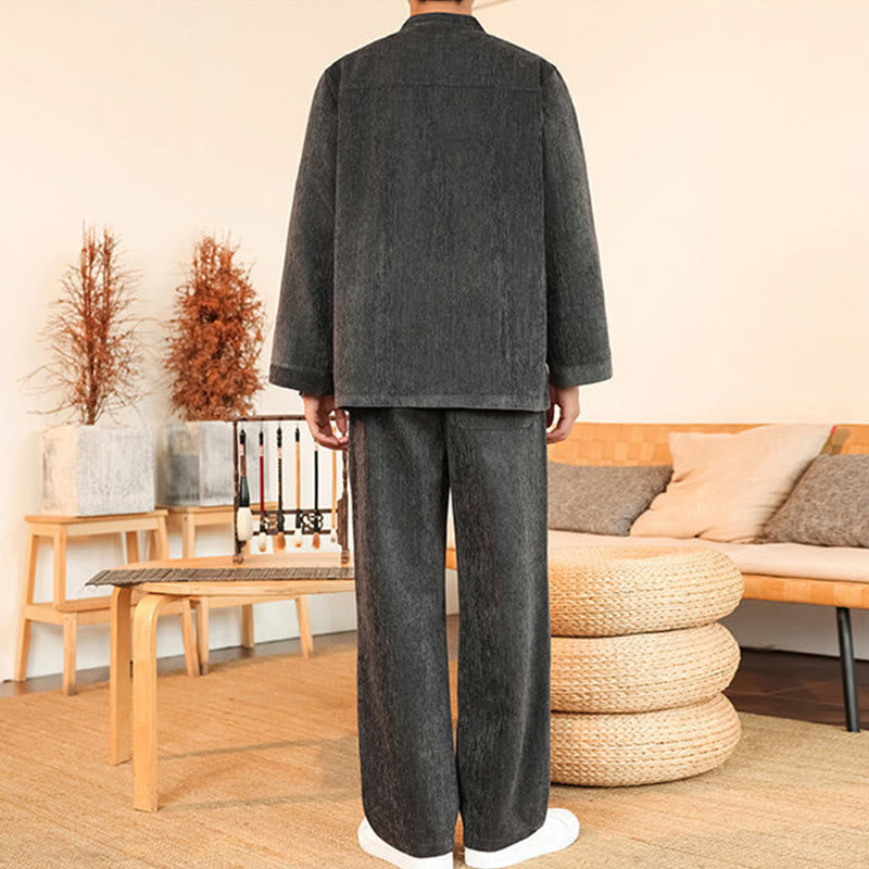 Nimara Ritual 2Pcs Winter Thick Men's Tang Suit Frog-Button Cotton Corduroy Long Sleeve Jacket Pants Set With Pockets
