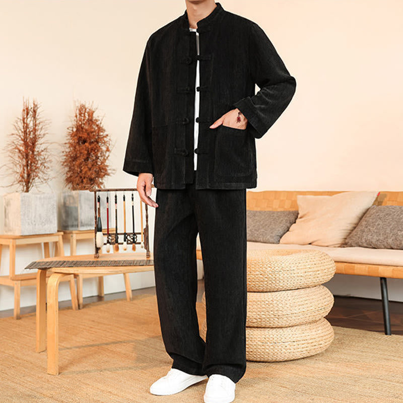Nimara Ritual 2Pcs Winter Thick Men's Tang Suit Frog-Button Cotton Corduroy Long Sleeve Jacket Pants Set With Pockets