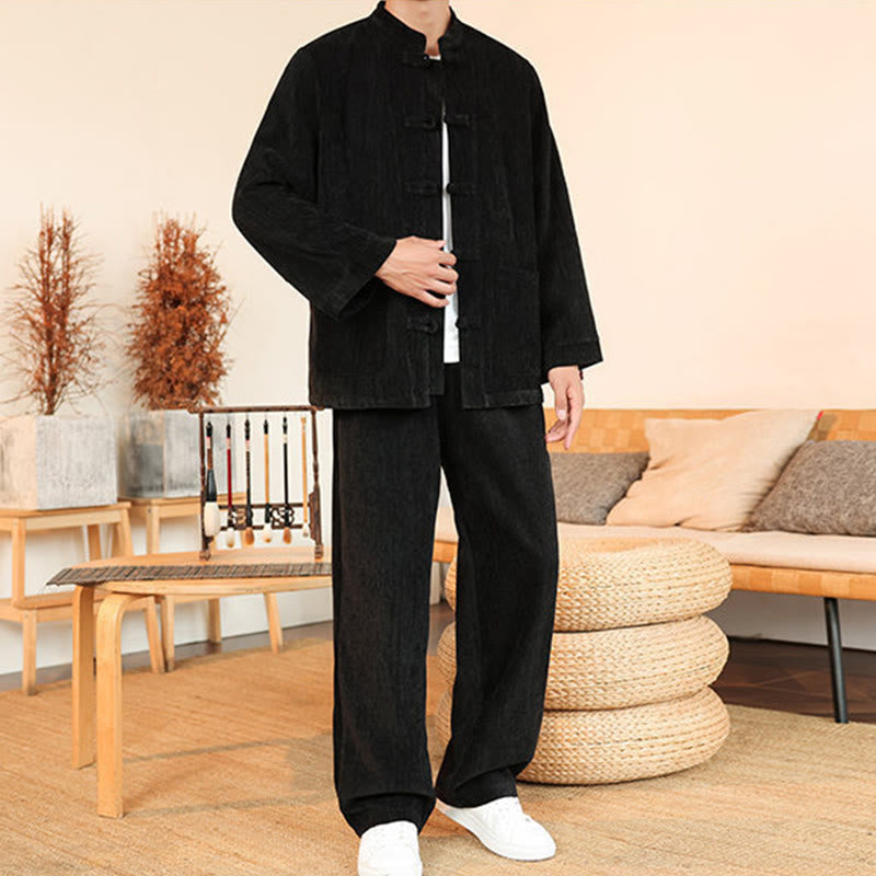 Nimara Ritual 2Pcs Winter Thick Men's Tang Suit Frog-Button Cotton Corduroy Long Sleeve Jacket Pants Set With Pockets