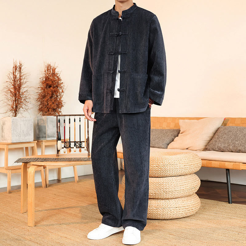 Nimara Ritual 2Pcs Winter Thick Men's Tang Suit Frog-Button Cotton Corduroy Long Sleeve Jacket Pants Set With Pockets