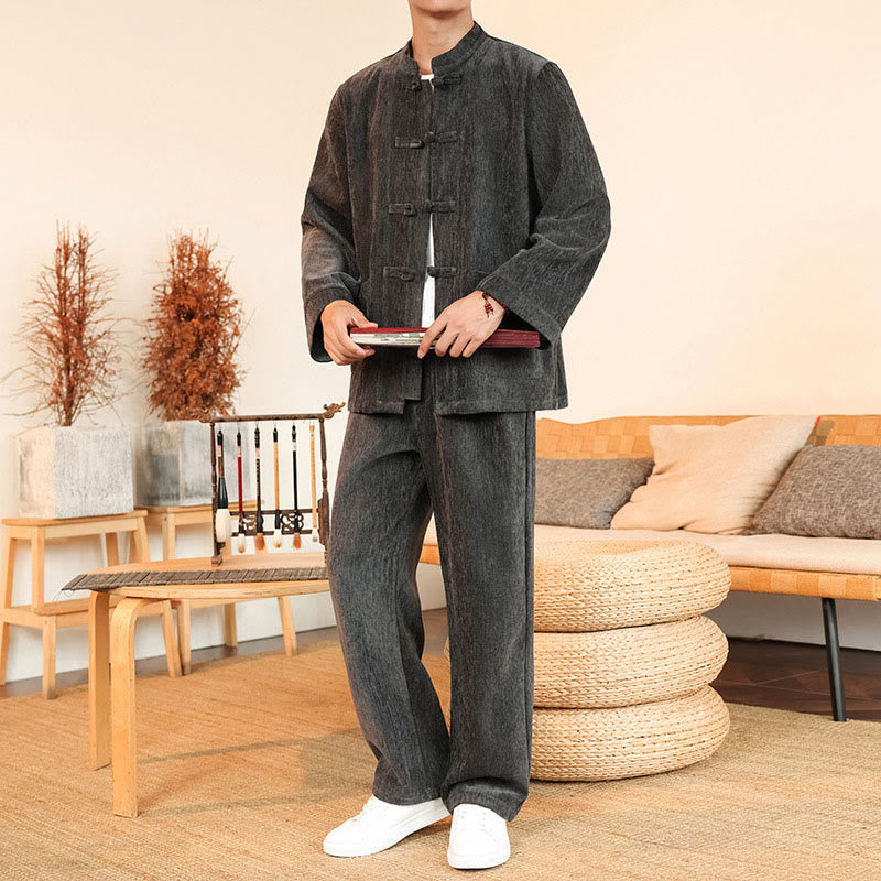 Nimara Ritual 2Pcs Winter Thick Men's Tang Suit Frog-Button Cotton Corduroy Long Sleeve Jacket Pants Set With Pockets