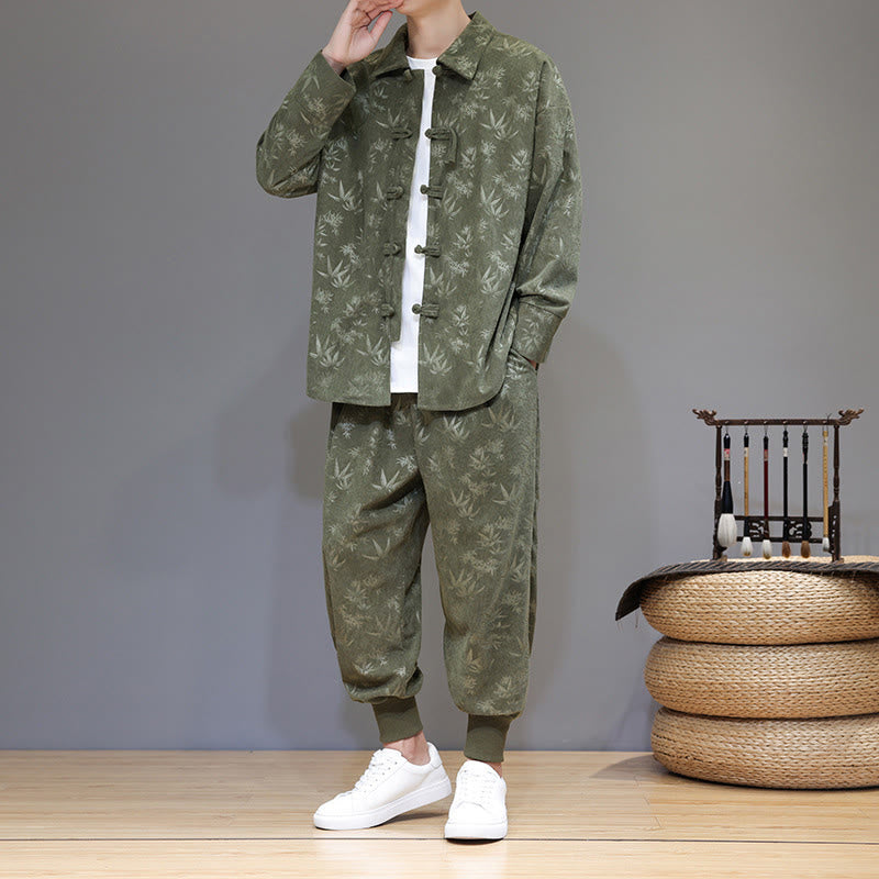 Nimara Ritual 2Pcs Winter Thick Bamboo Men's Tang Suit Frog-Button Cotton Corduroy Long Sleeve Jacket Pants Set With Pockets