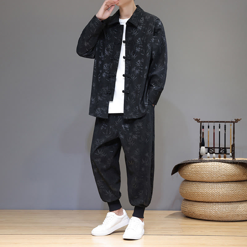 Nimara Ritual 2Pcs Winter Thick Bamboo Men's Tang Suit Frog-Button Cotton Corduroy Long Sleeve Jacket Pants Set With Pockets