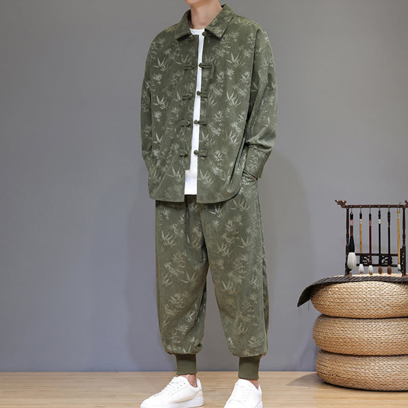 Nimara Ritual 2Pcs Winter Thick Bamboo Men's Tang Suit Frog-Button Cotton Corduroy Long Sleeve Jacket Pants Set With Pockets