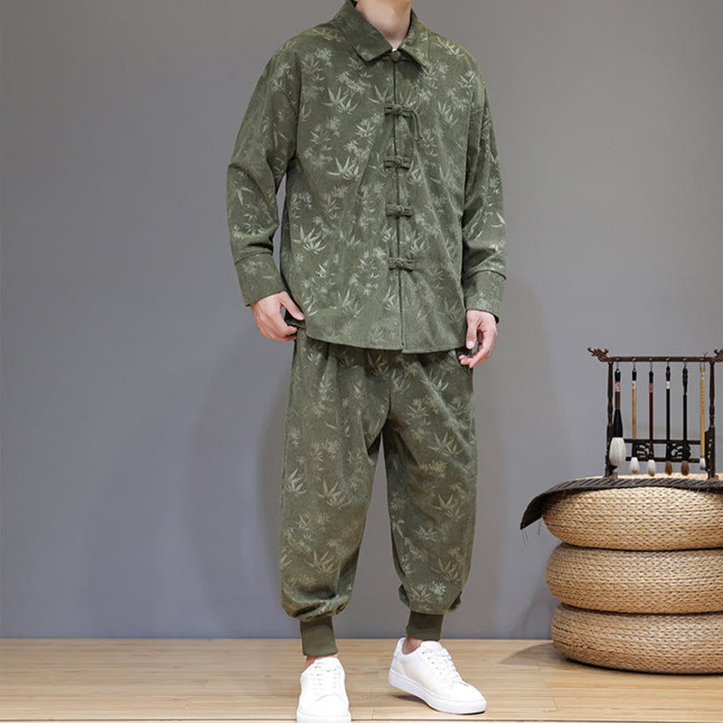 Nimara Ritual 2Pcs Winter Thick Bamboo Men's Tang Suit Frog-Button Cotton Corduroy Long Sleeve Jacket Pants Set With Pockets