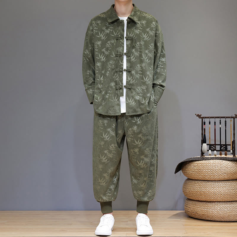 Nimara Ritual 2Pcs Winter Thick Bamboo Men's Tang Suit Frog-Button Cotton Corduroy Long Sleeve Jacket Pants Set With Pockets