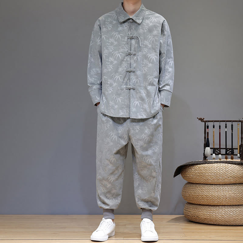 Nimara Ritual 2Pcs Winter Thick Bamboo Men's Tang Suit Frog-Button Cotton Corduroy Long Sleeve Jacket Pants Set With Pockets