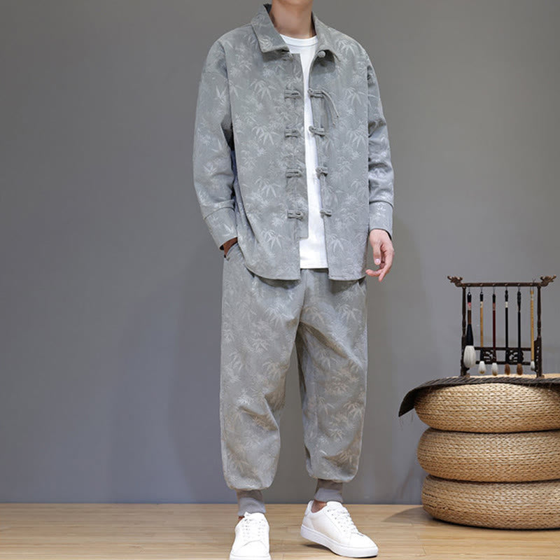 Nimara Ritual 2Pcs Winter Thick Bamboo Men's Tang Suit Frog-Button Cotton Corduroy Long Sleeve Jacket Pants Set With Pockets