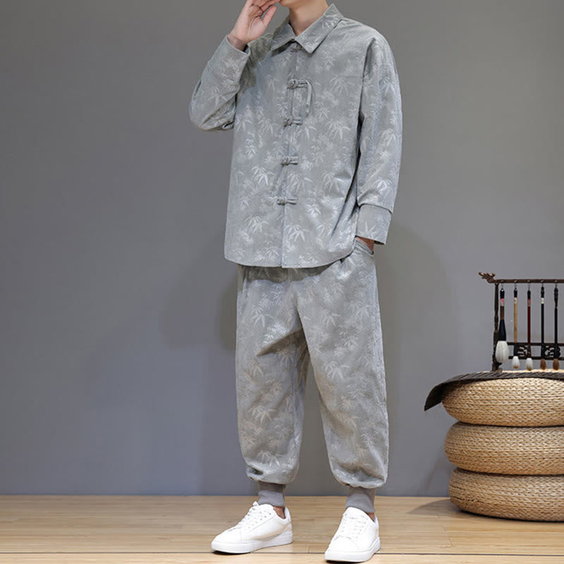 Nimara Ritual 2Pcs Winter Thick Bamboo Men's Tang Suit Frog-Button Cotton Corduroy Long Sleeve Jacket Pants Set With Pockets
