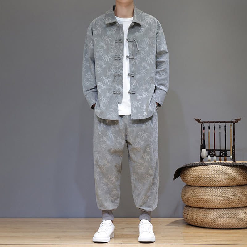 Nimara Ritual 2Pcs Winter Thick Bamboo Men's Tang Suit Frog-Button Cotton Corduroy Long Sleeve Jacket Pants Set With Pockets