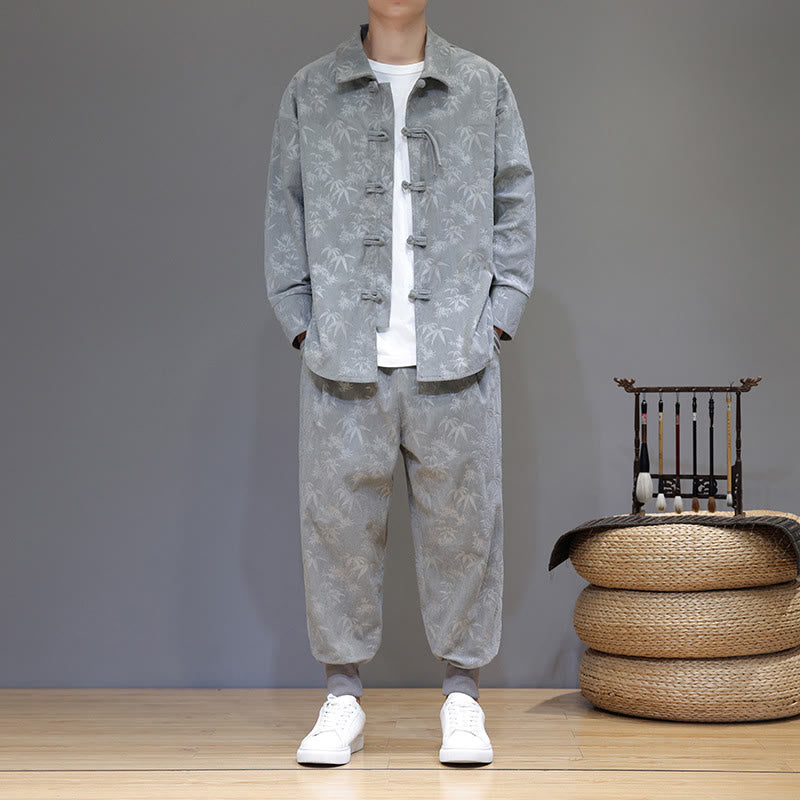 Nimara Ritual 2Pcs Winter Thick Bamboo Men's Tang Suit Frog-Button Cotton Corduroy Long Sleeve Jacket Pants Set With Pockets