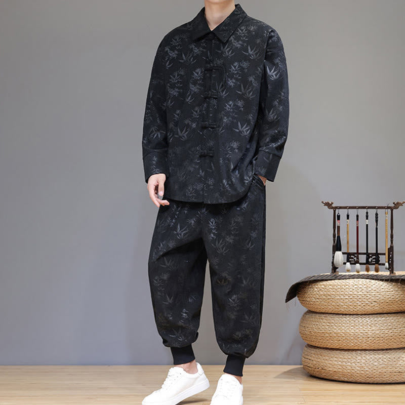 Nimara Ritual 2Pcs Winter Thick Bamboo Men's Tang Suit Frog-Button Cotton Corduroy Long Sleeve Jacket Pants Set With Pockets