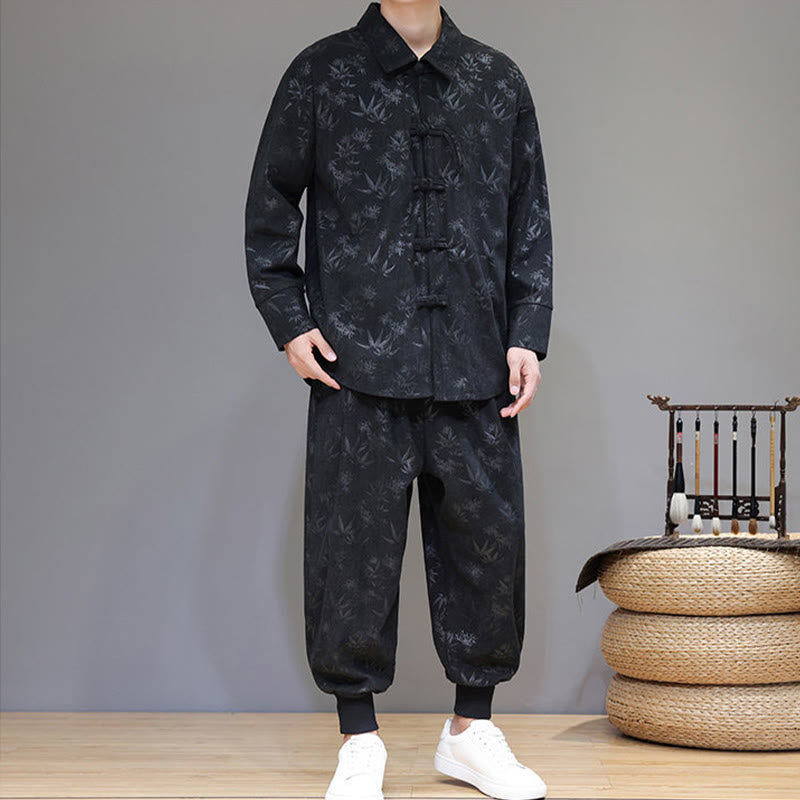 Nimara Ritual 2Pcs Winter Thick Bamboo Men's Tang Suit Frog-Button Cotton Corduroy Long Sleeve Jacket Pants Set With Pockets
